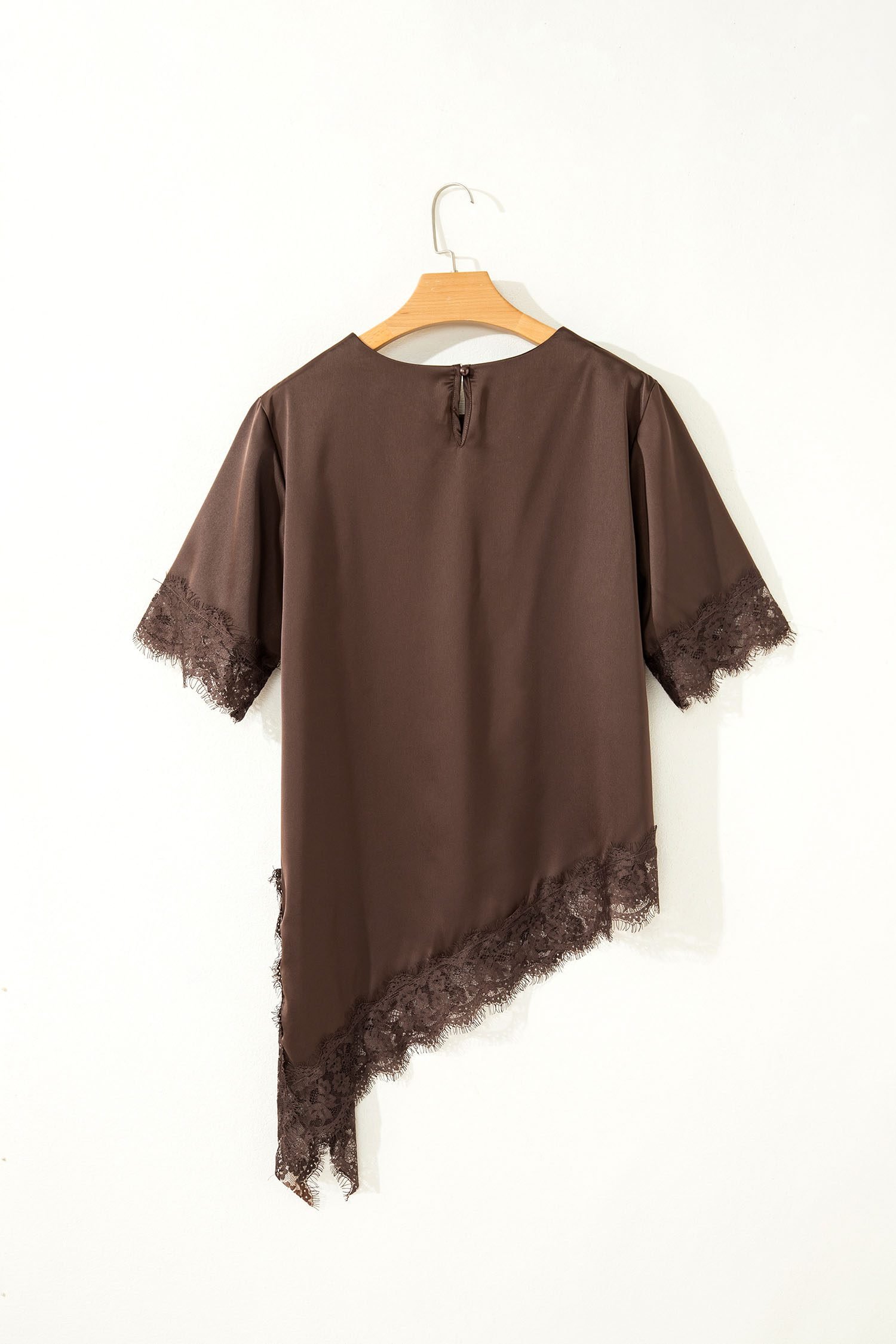 Coffee Asymmetric Lace Trim Short Sleeve Satin Top