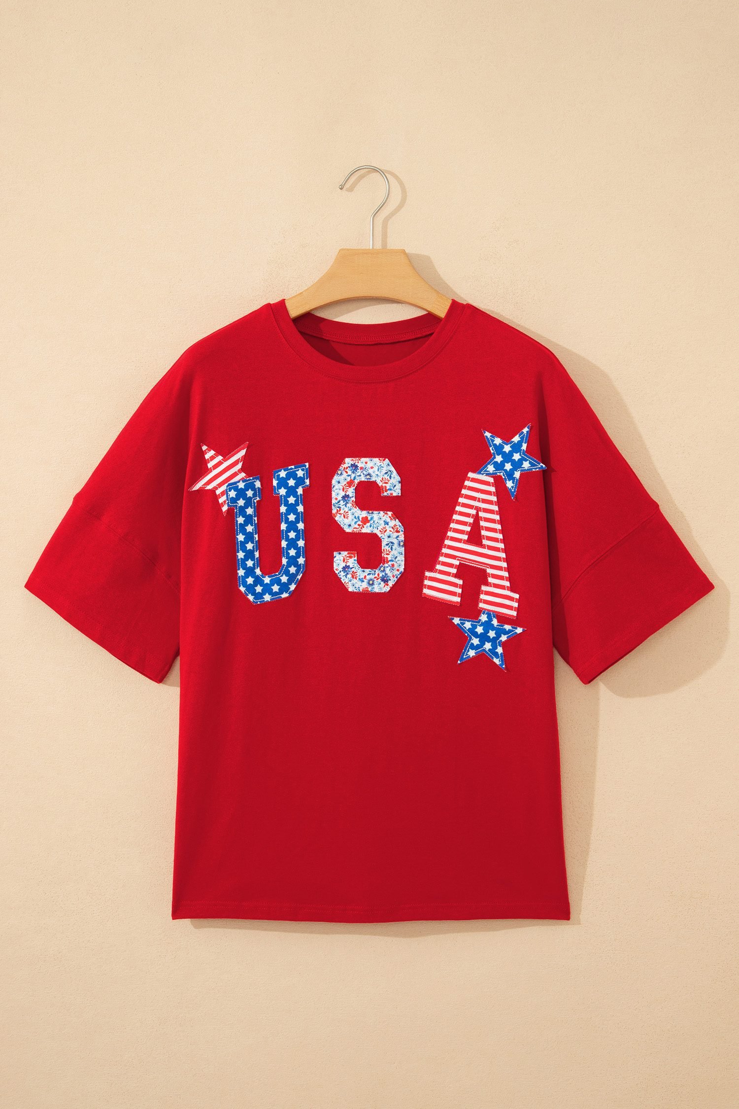 Fiery Red Patriotic USA Slogan Patch Embroidery Short Sleeve T Shirt