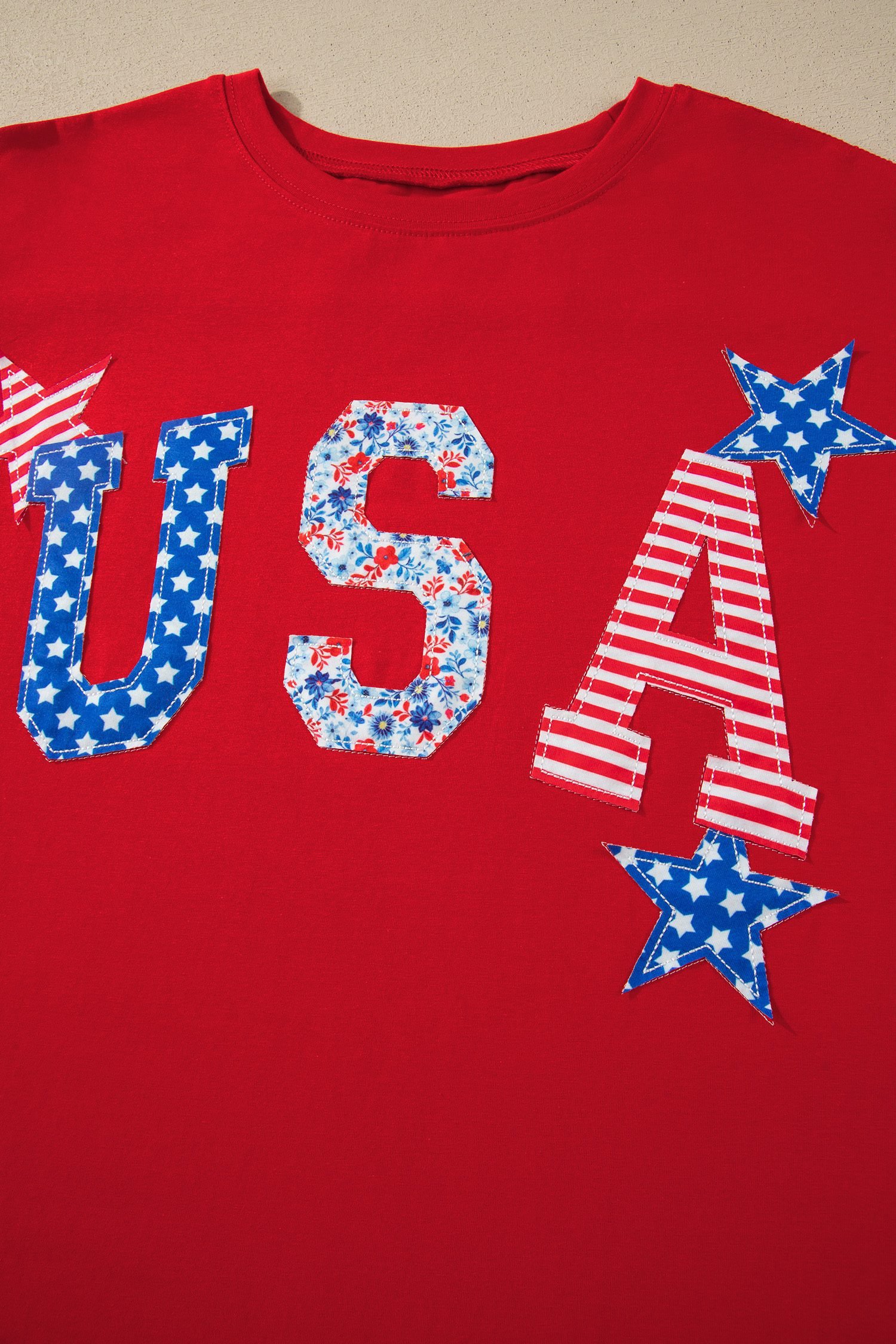 Fiery Red Patriotic USA Slogan Patch Embroidery Short Sleeve T Shirt