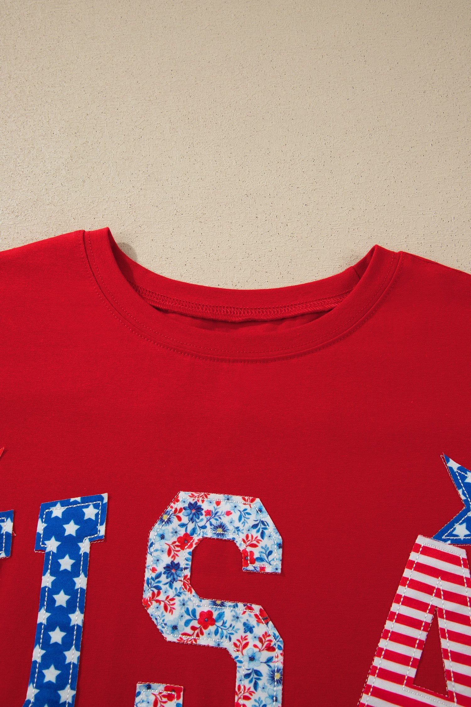 Fiery Red Patriotic USA Slogan Patch Embroidery Short Sleeve T Shirt