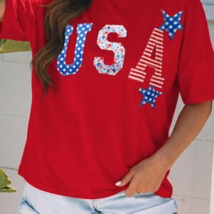 Fiery Red Patriotic USA Slogan Patch Embroidery Short Sleeve T Shirt