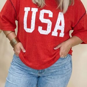 Fiery Red Plus Size Twisted Rib Vintage USA Letter Printed T Shirt