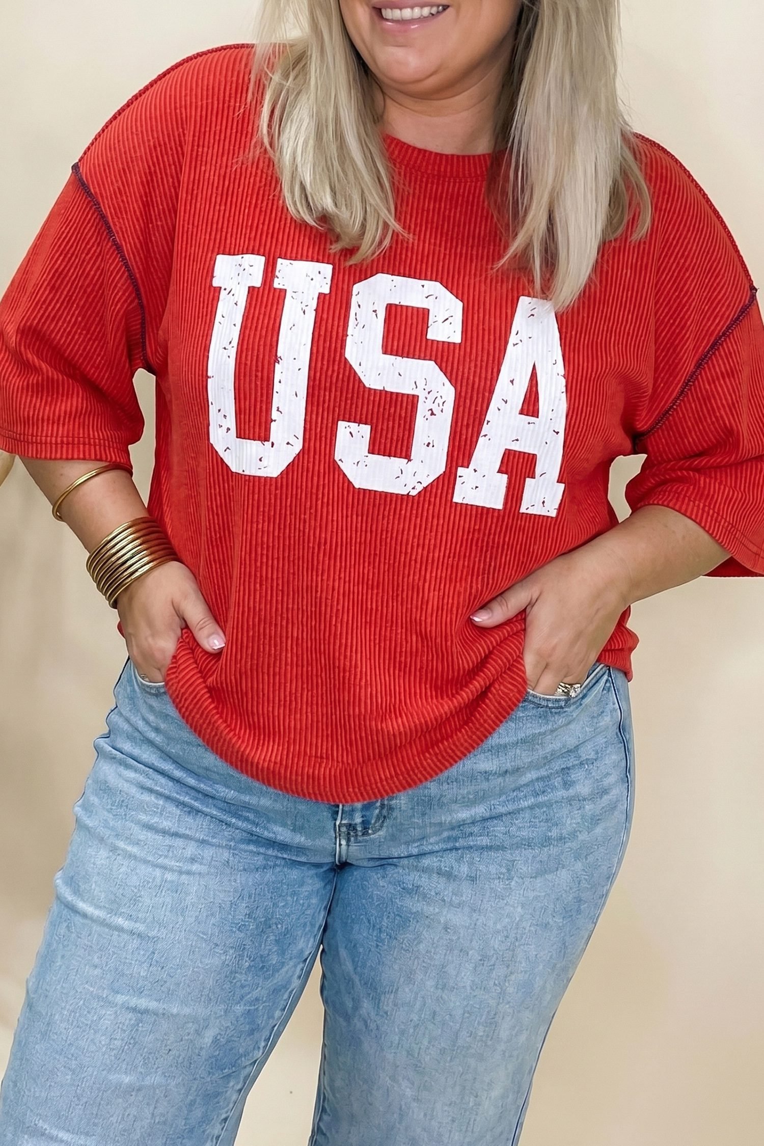 Fiery Red Plus Size Twisted Rib Vintage USA Letter Printed T Shirt