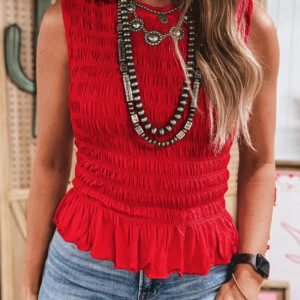 Fiery Red Shirred Slim Fit Ruffle Hem Tank Top