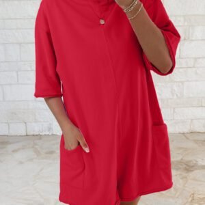 Fiery Red Solid Color Raw Edge Half Sleeve Pocketed Loose Romper