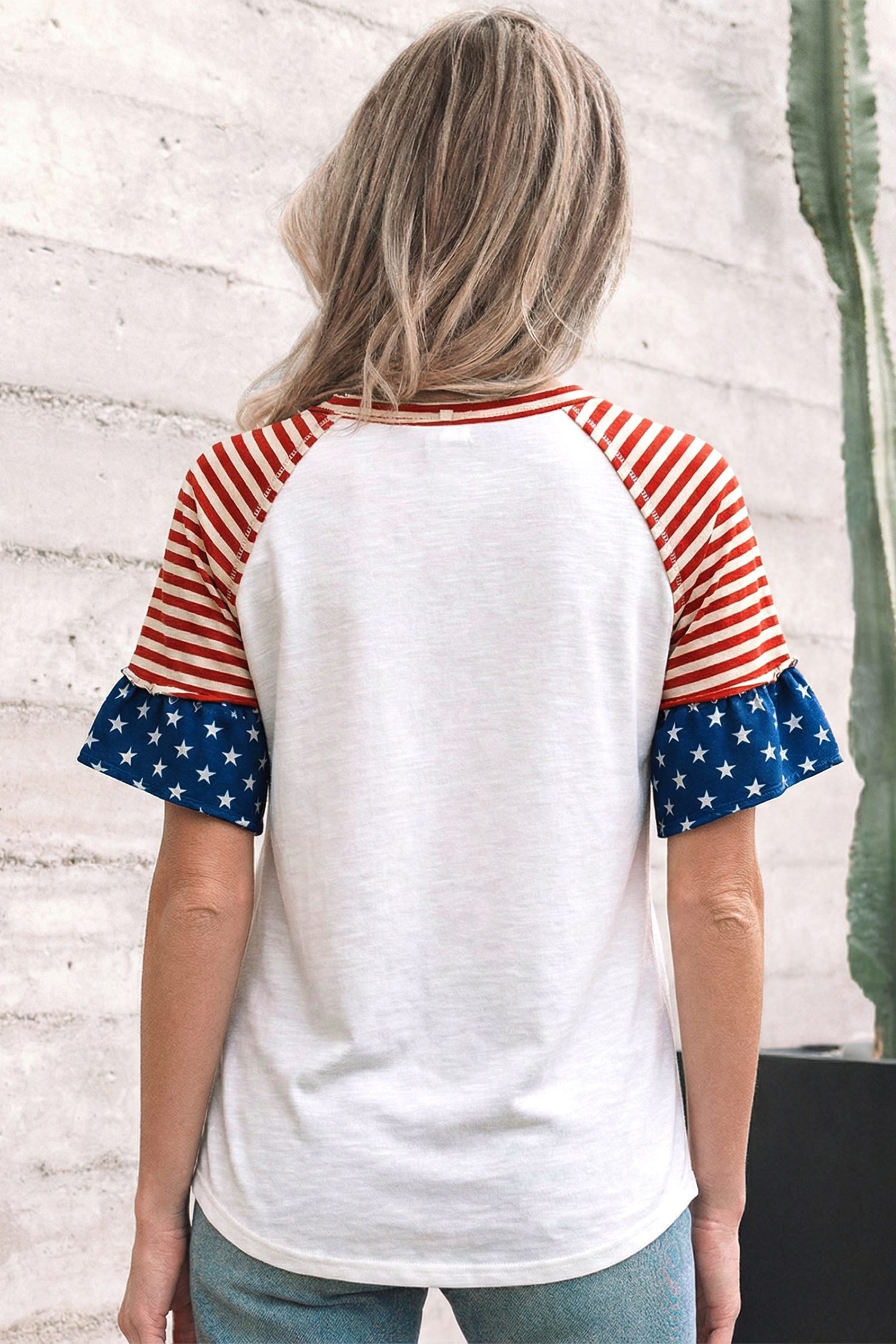 Fiery Red Star Detail Flag Inspired Short Sleeve Top