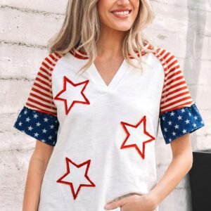 Fiery Red Star Detail Flag Inspired Short Sleeve Top