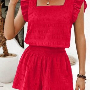 Fiery Red Textured Square Neck Top and Shirred High Waist Shorts Set