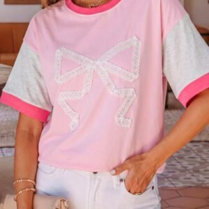 Gossamer Pink Embroidered Bow Detail Color Block Loose Tee
