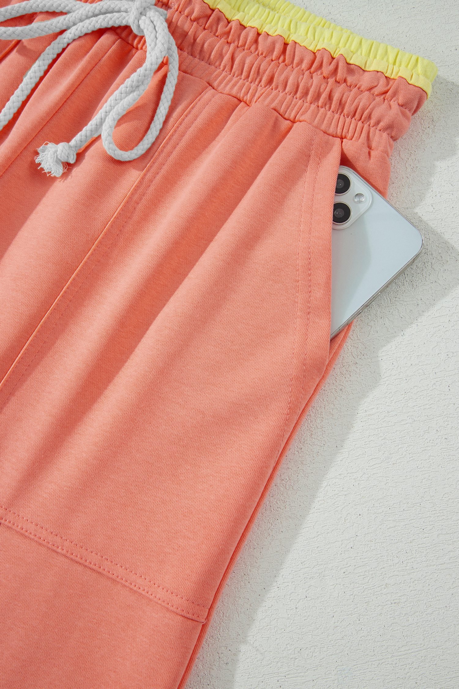 Grapefruit Orange Color Block Flower Patchwork Drawstring Contrasted Elastic Waist Wide Leg Pants