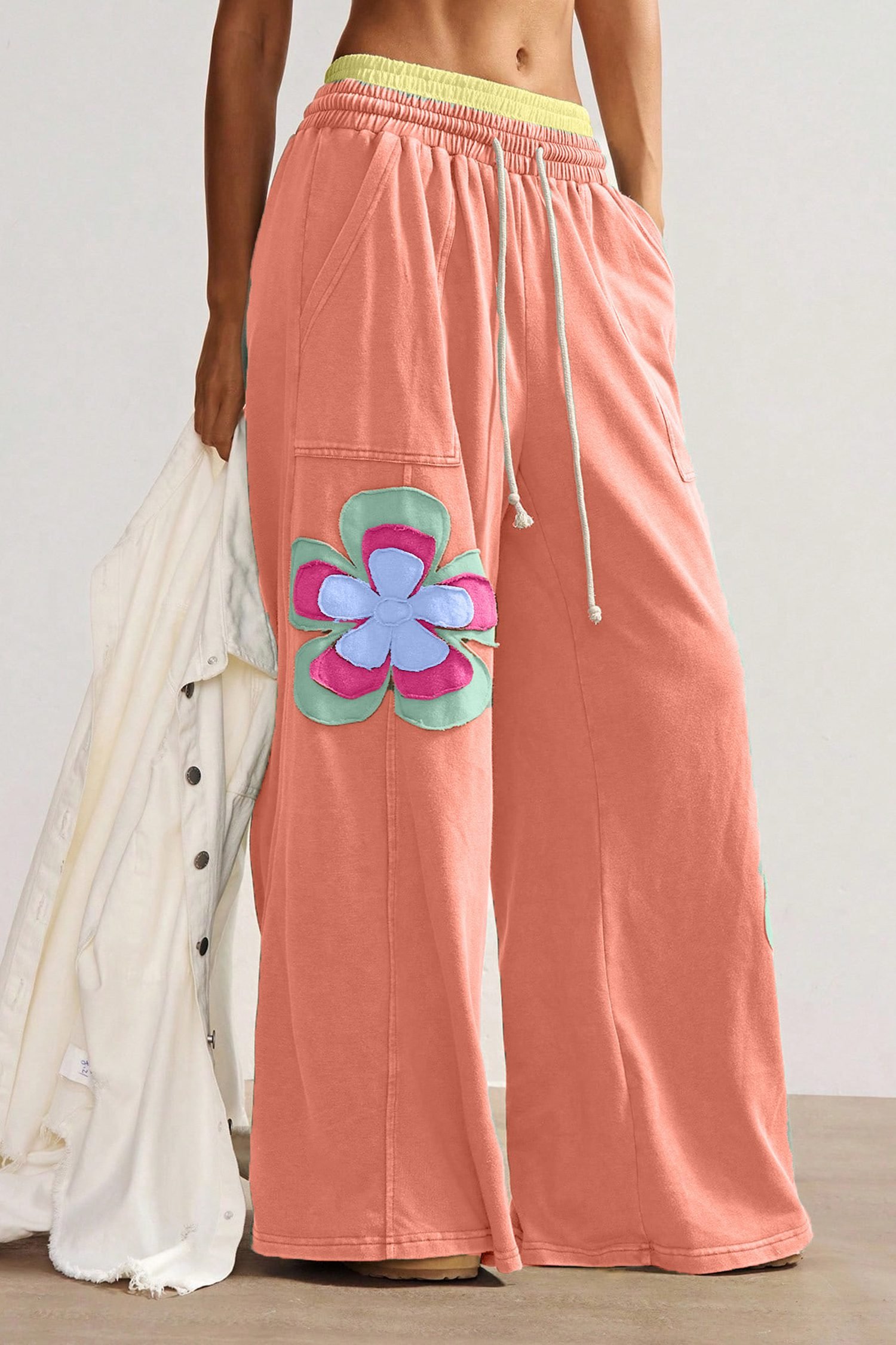 Grapefruit Orange Color Block Flower Patchwork Drawstring Contrasted Elastic Waist Wide Leg Pants