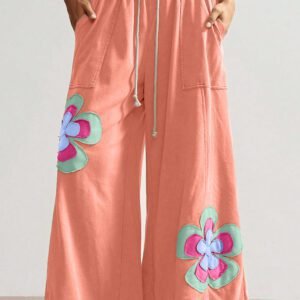 Grapefruit Orange Color Block Flower Patchwork Drawstring Contrasted Elastic Waist Wide Leg Pants