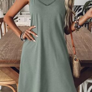 Grass Green Solid Color Lace Detail V Neck Sleeveless Shift Mini Dress