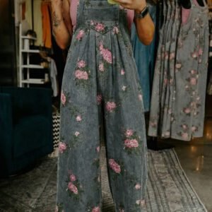 Gray Beau Floral Print Pleated High Waist Wide Leg Denim Jumpsuit