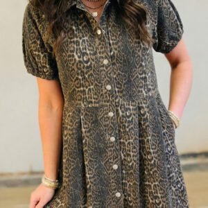 Gray Leopard Print Short Sleeve Pleated Denim Mini Dress