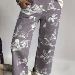 Gray Wild West Riding Vintage Printed Shift Jeans