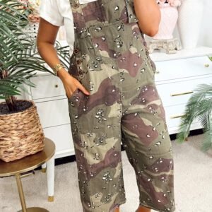 Green Camouflage Print Leopard Detail Loose Denim Overall Cropped Jumpsuit