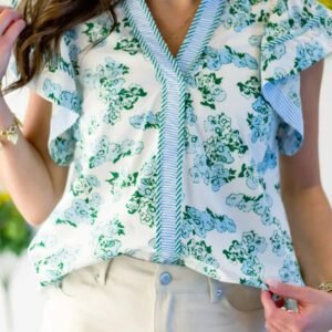 Green Floral Meets Stripes V Neck Flutter Sleeve Blouse