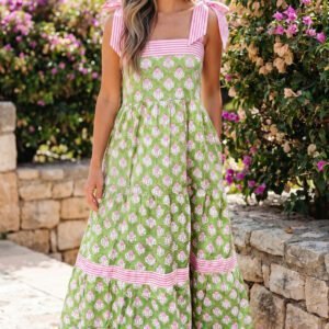 Green Floral Print Striped Detail Knot Straps Maxi Dress