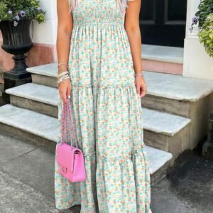 Green Floral Short Bubble Sleeve Shirred High Waist Maxi Dress