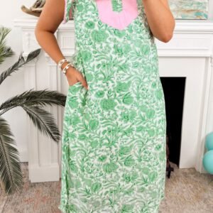 Green Plus Size Contrast Trim Flutter Sleeve Floral Kaftan Maxi Dress