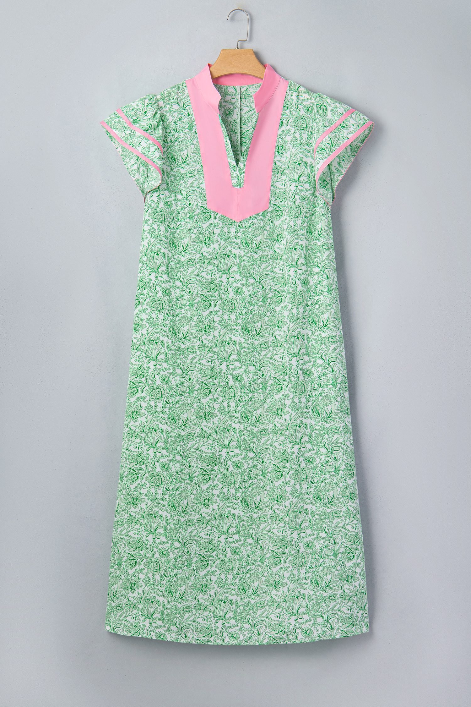 Green Plus Size Contrast Trim Flutter Sleeve Floral Kaftan Maxi Dress
