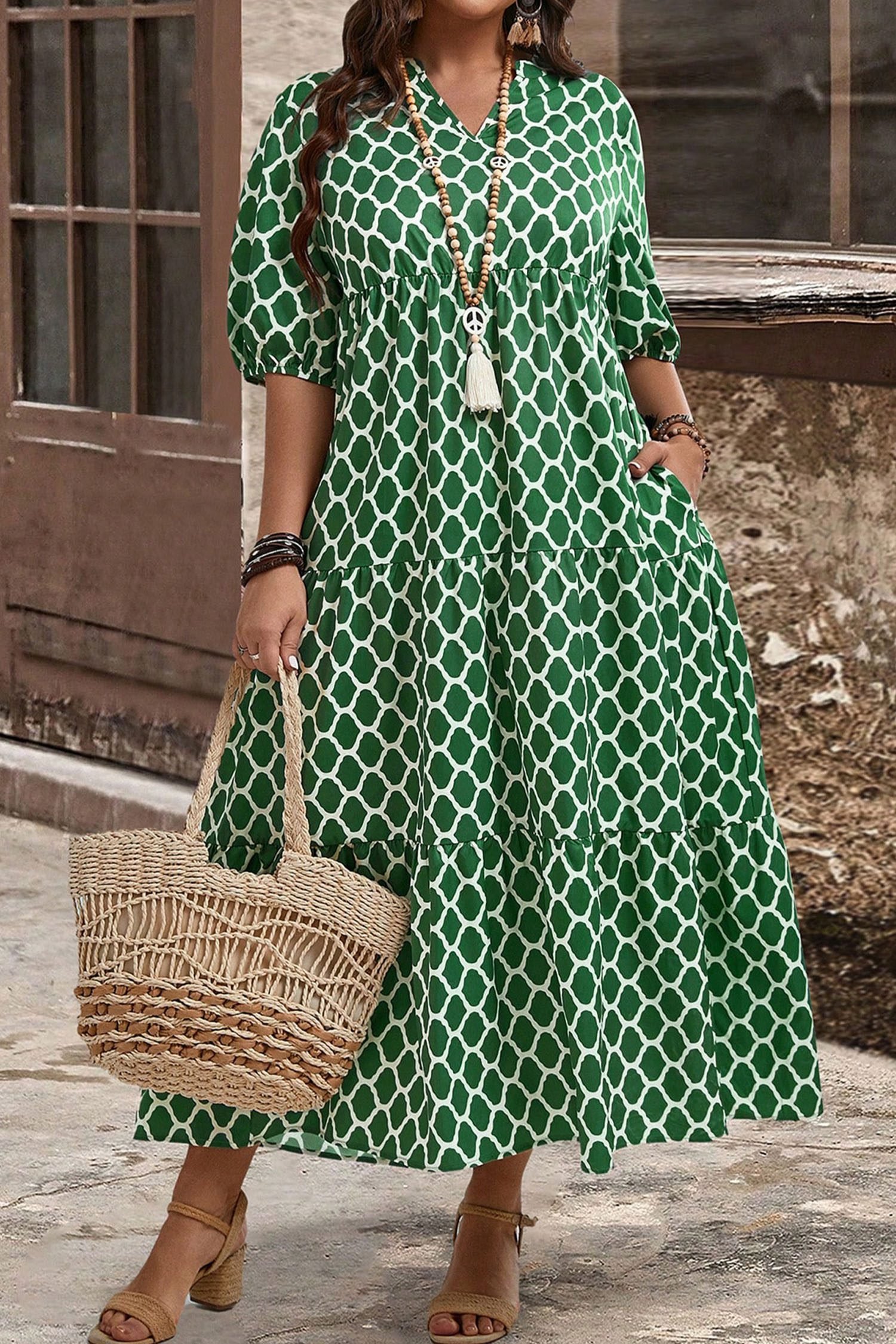 Green Plus Size Geometric Print Pocketed Ruffle Hem Casual Dress