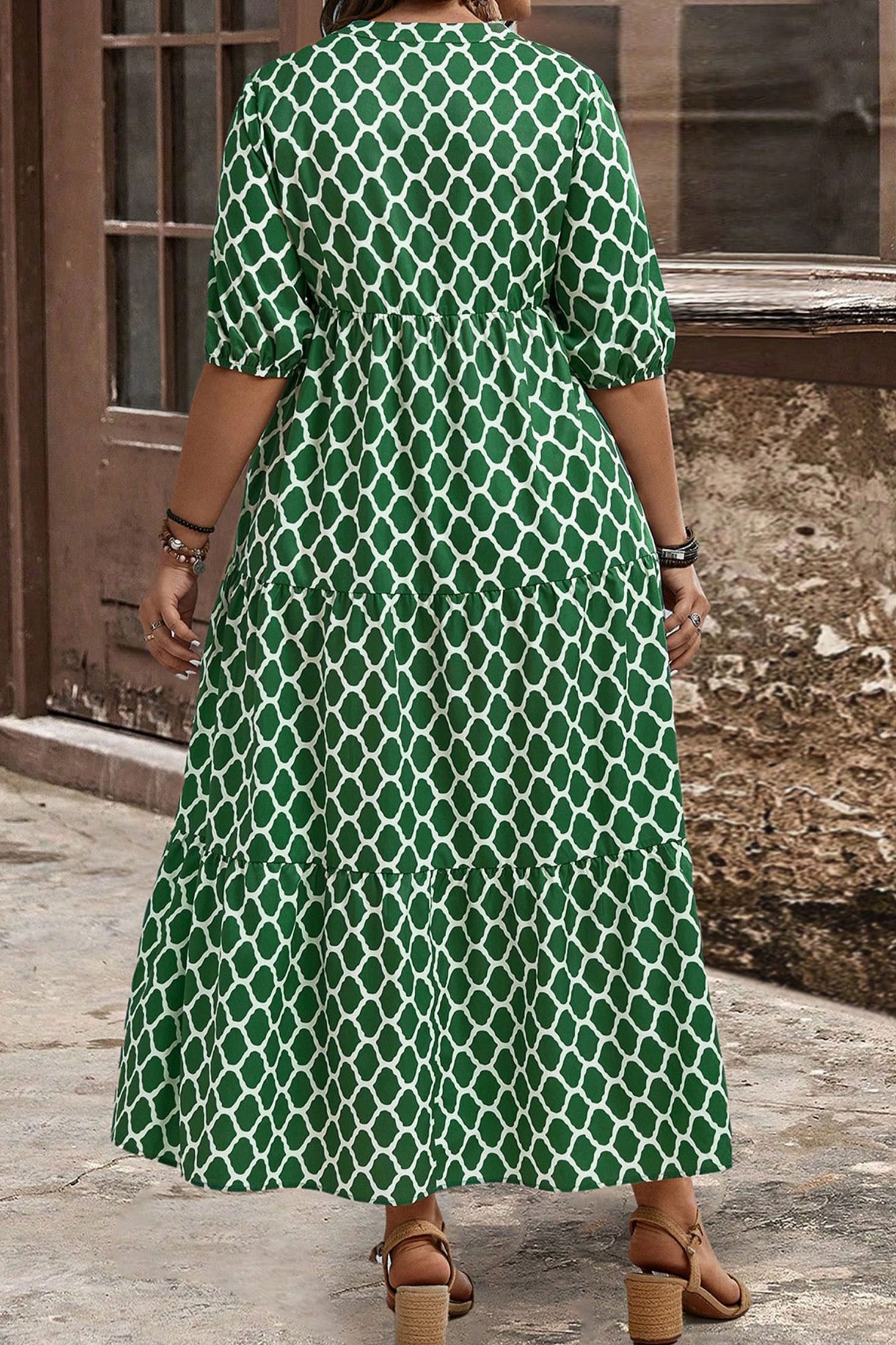 Green Plus Size Geometric Print Pocketed Ruffle Hem Casual Dress