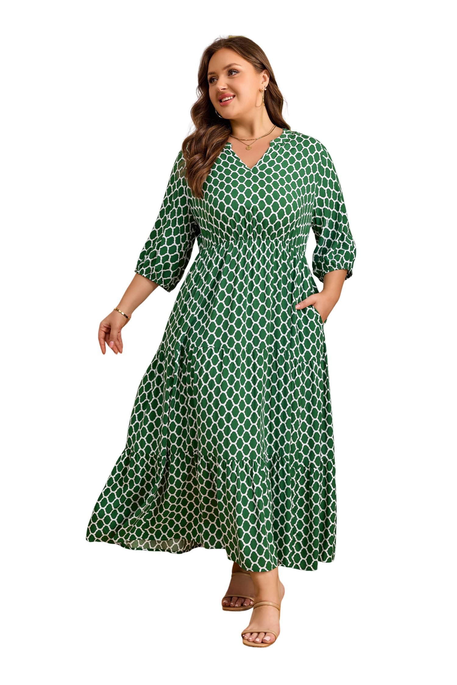 Green Plus Size Geometric Print Pocketed Ruffle Hem Casual Dress