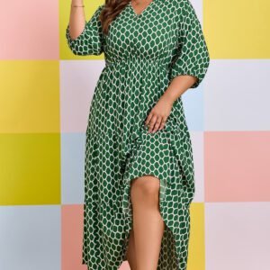 Green Plus Size Geometric Print Pocketed Ruffle Hem Casual Dress
