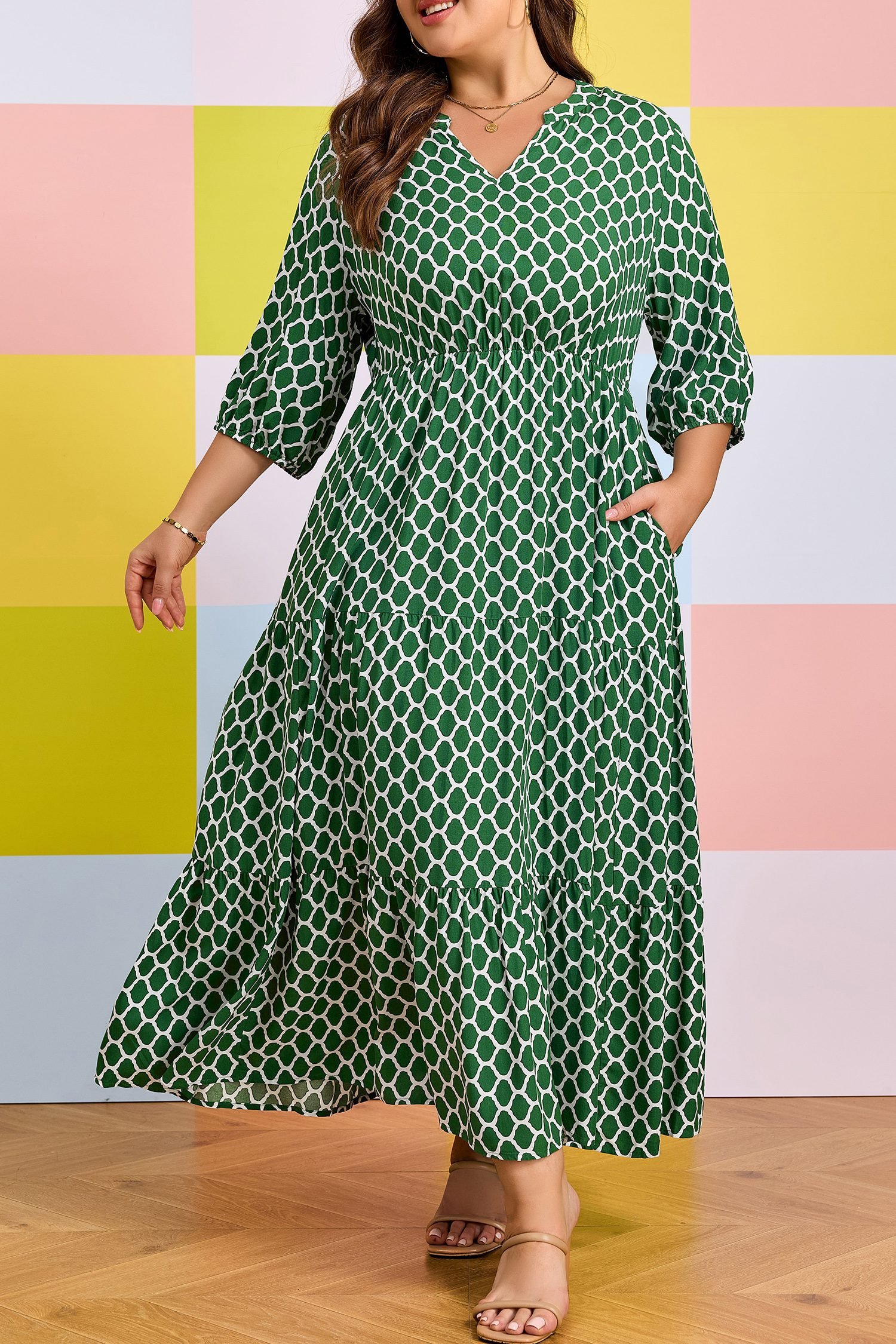 Green Plus Size Geometric Print Pocketed Ruffle Hem Casual Dress