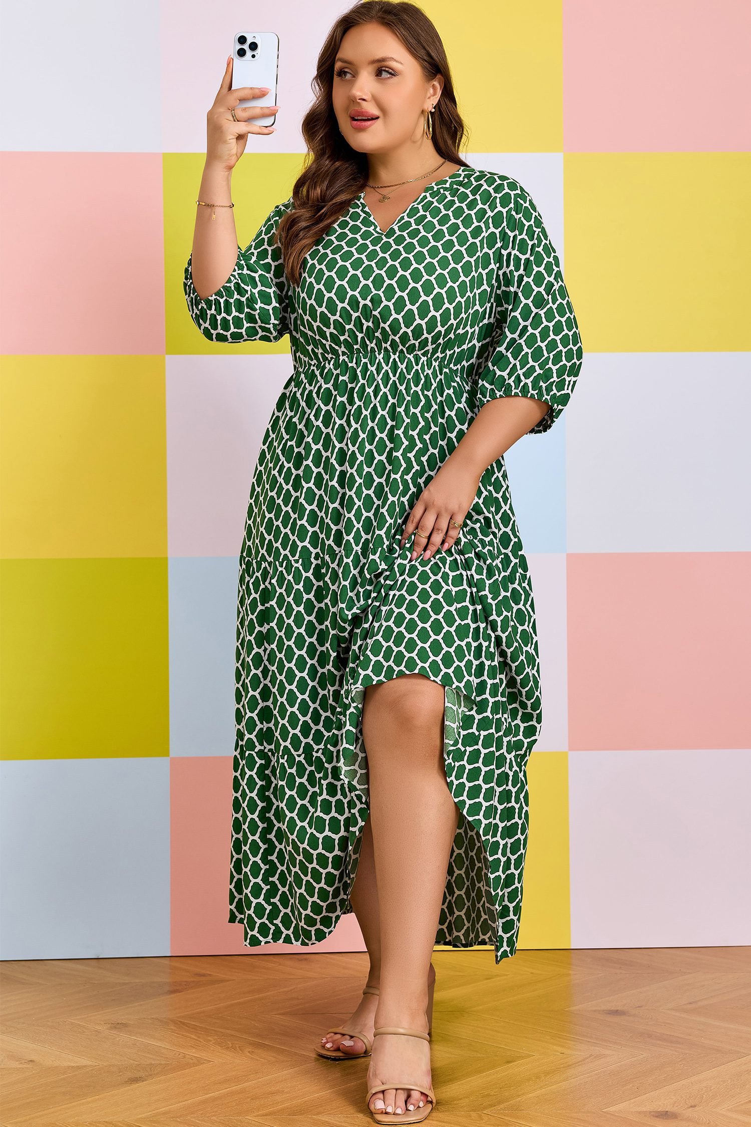 Green Plus Size Geometric Print Pocketed Ruffle Hem Casual Dress