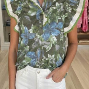 Green Ruffled Short Sleeve Floral Summer Blouse
