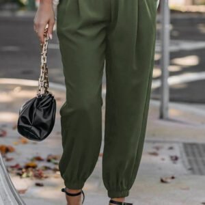 Green Solid Color Drawstring Smocked Waist Joggers
