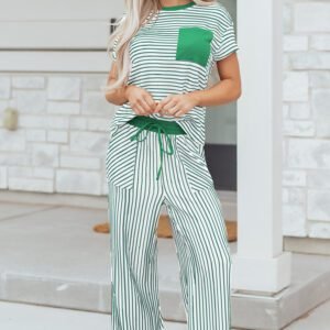 Green Stripe Crew Neck Tee Drawstring Waist Cropped Pants Set