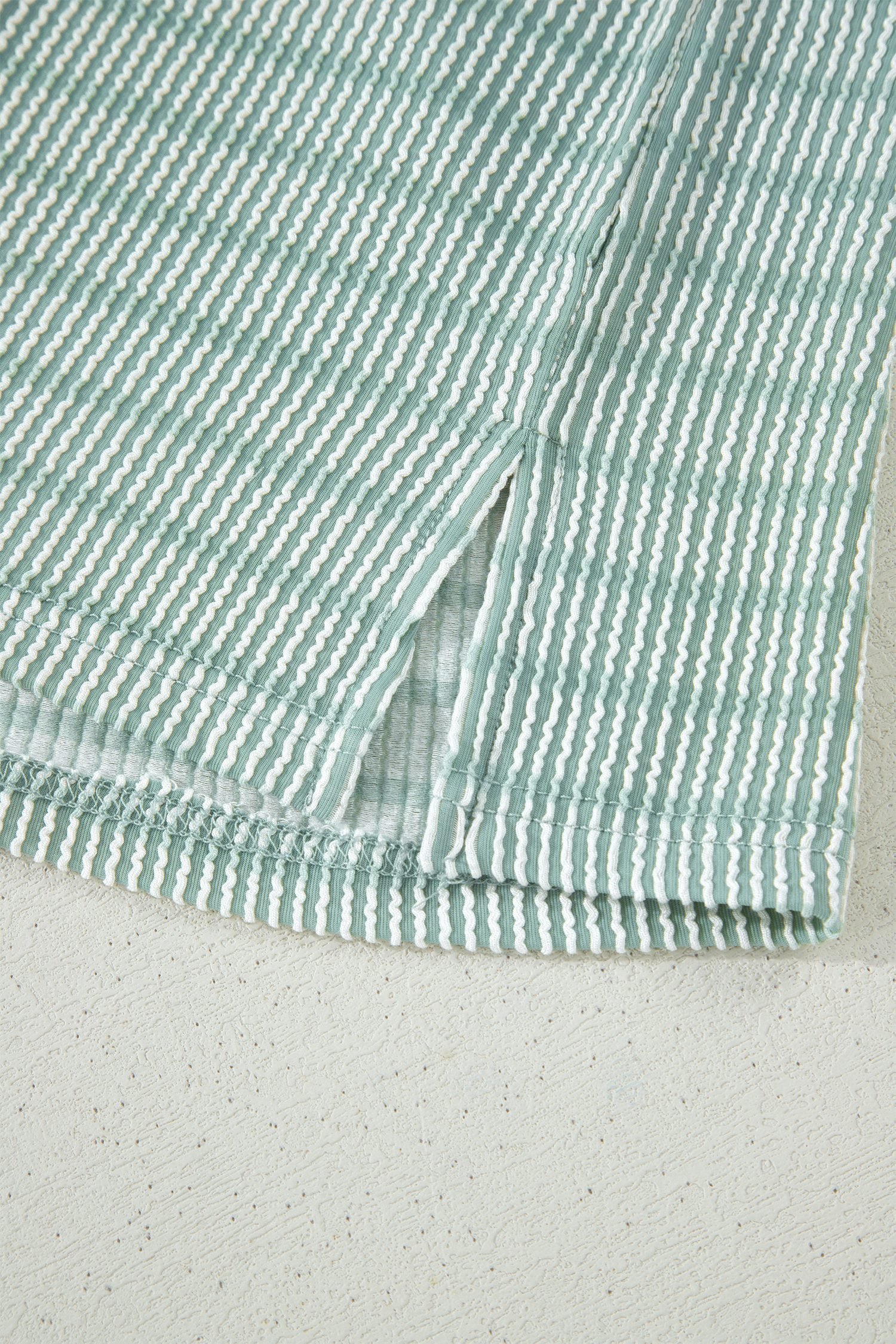 Green Stripe Raised Rib Loose Tee Drawstring Elastic Waist 2pcs Short Set