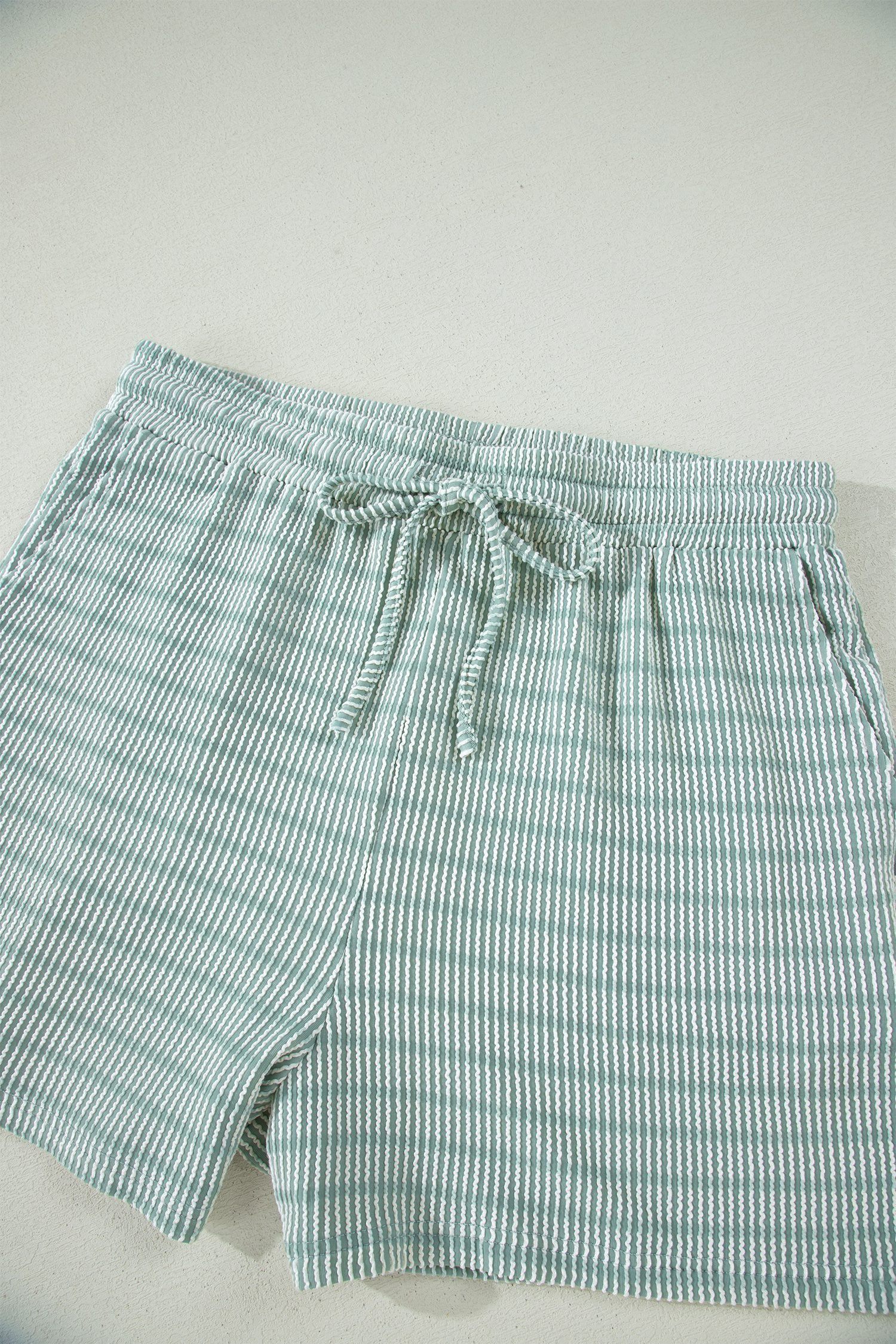 Green Stripe Raised Rib Loose Tee Drawstring Elastic Waist 2pcs Short Set