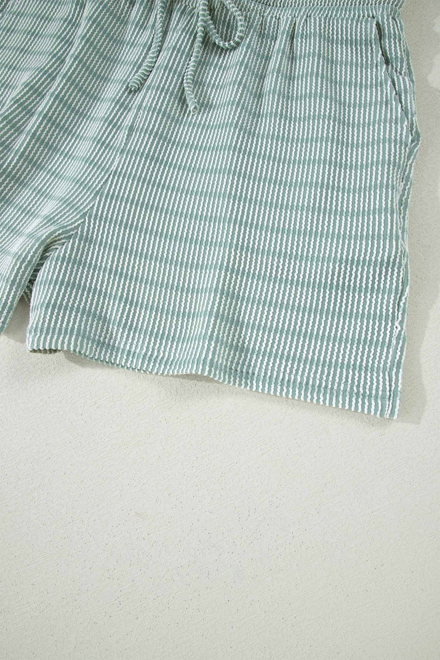 Green Stripe Raised Rib Loose Tee Drawstring Elastic Waist 2pcs Short Set