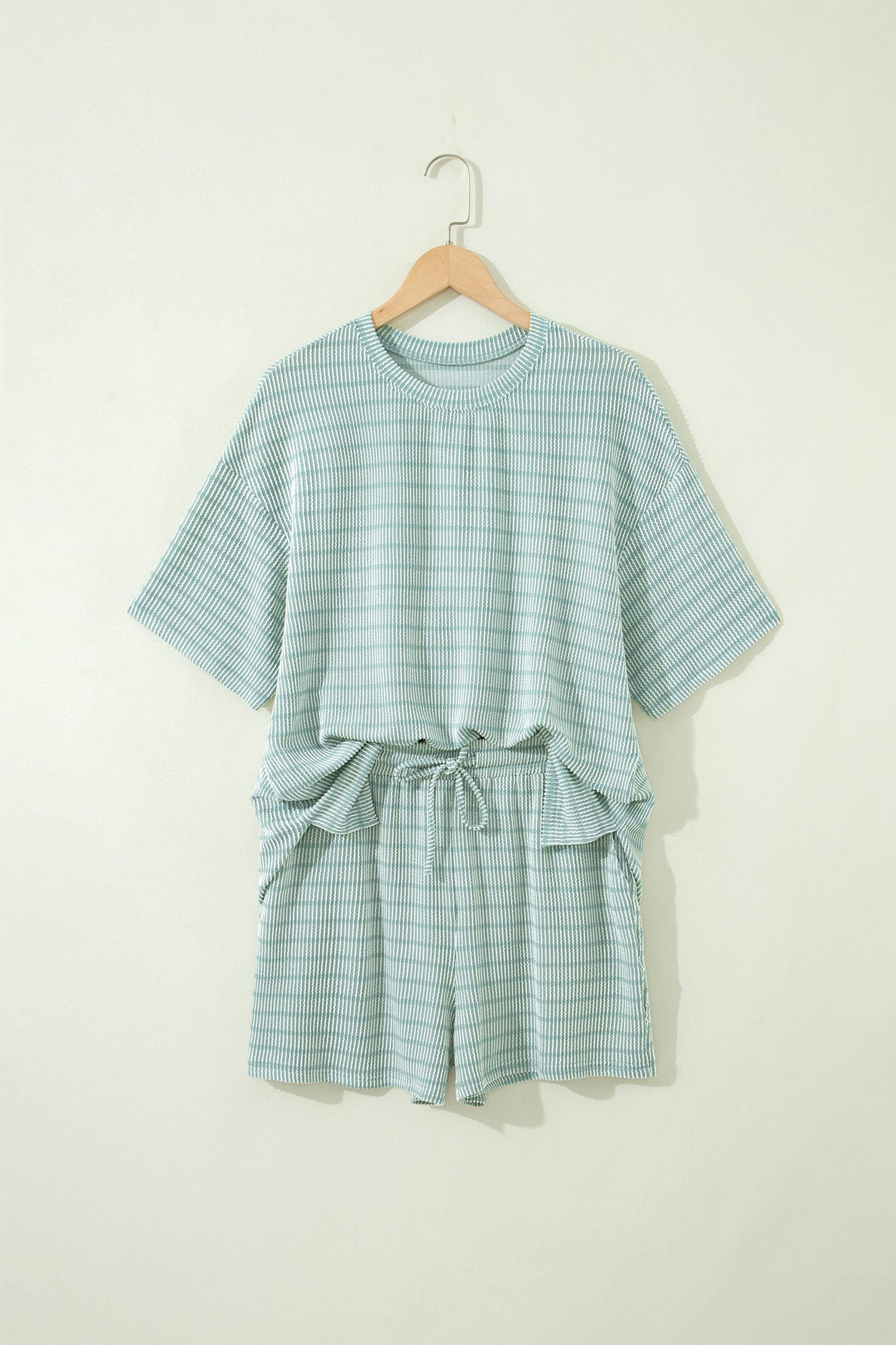 Green Stripe Raised Rib Loose Tee Drawstring Elastic Waist 2pcs Short Set