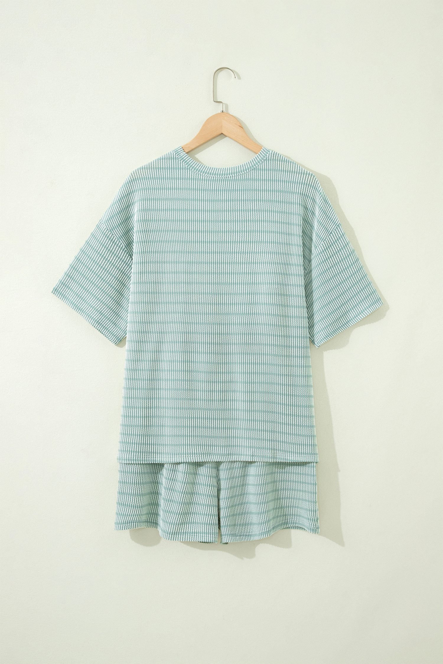 Green Stripe Raised Rib Loose Tee Drawstring Elastic Waist 2pcs Short Set