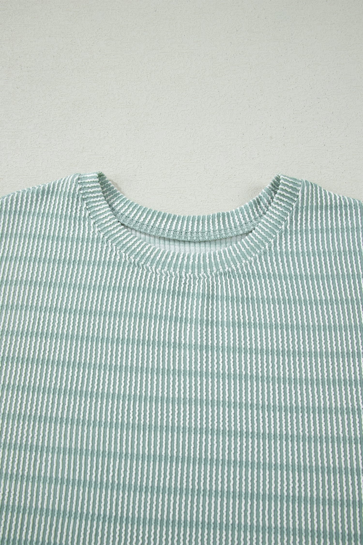 Green Stripe Raised Rib Loose Tee Drawstring Elastic Waist 2pcs Short Set