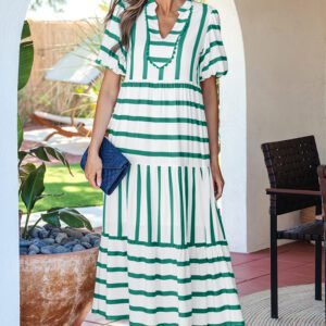 Green Stripe Ricrac Trim Notched Neck Half Sleeve Vacation Dress