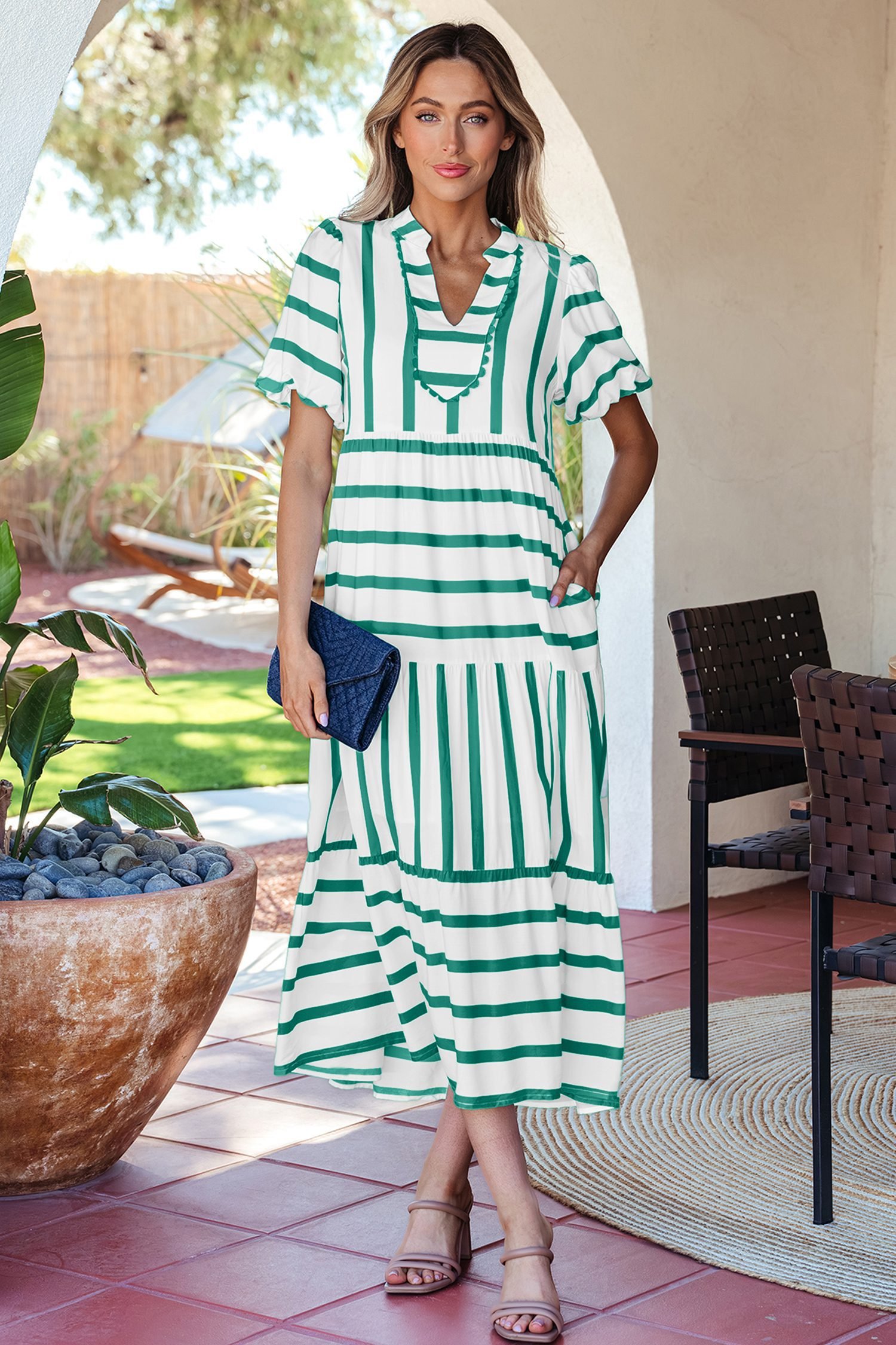 Green Stripe Ricrac Trim Notched Neck Half Sleeve Vacation Dress