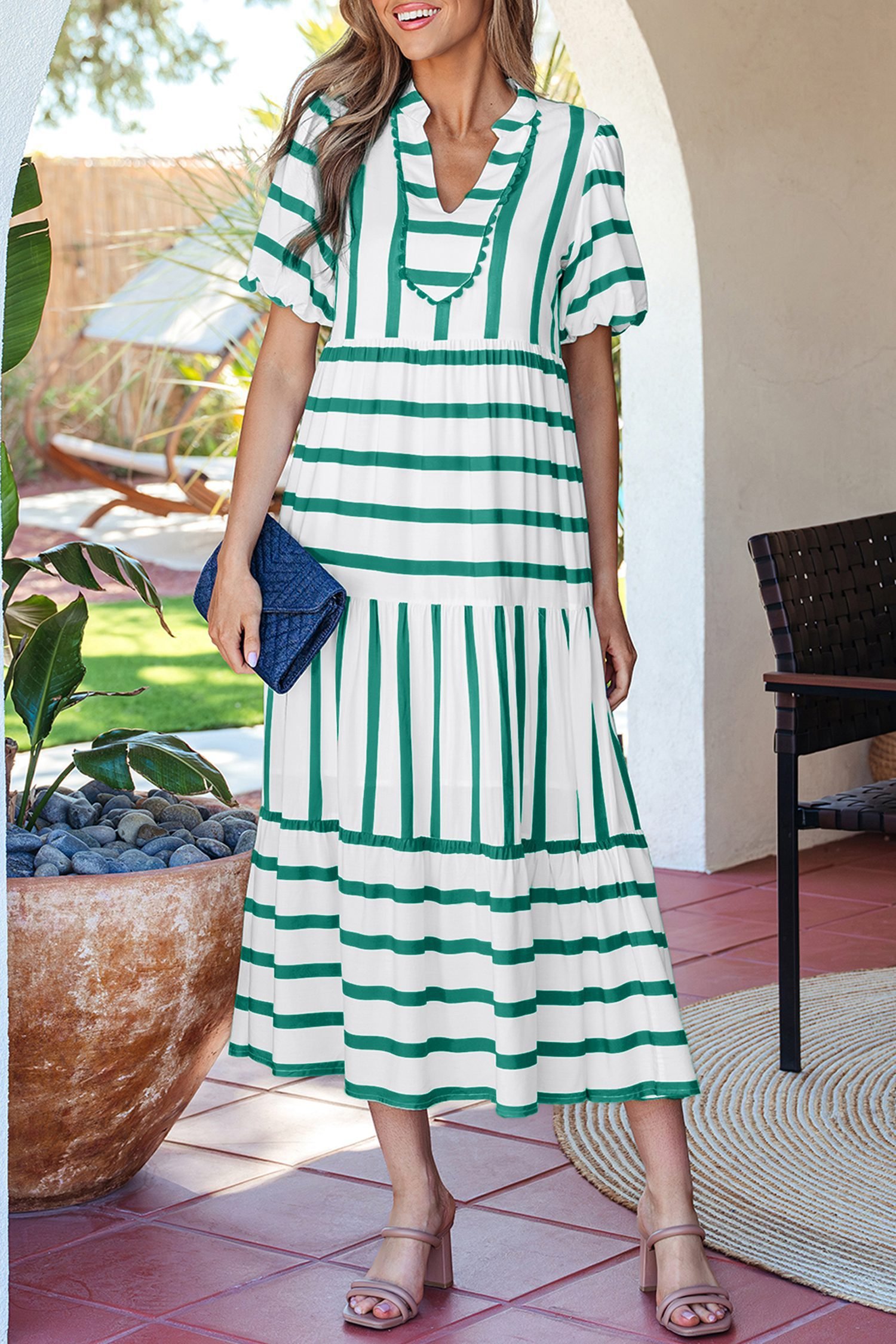 Green Stripe Ricrac Trim Notched Neck Half Sleeve Vacation Dress