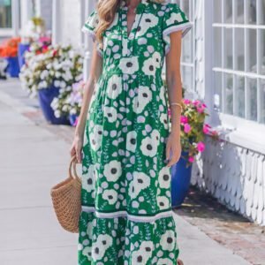 Green V Neck Ruffled Short Sleeve Flower Maxi Dress