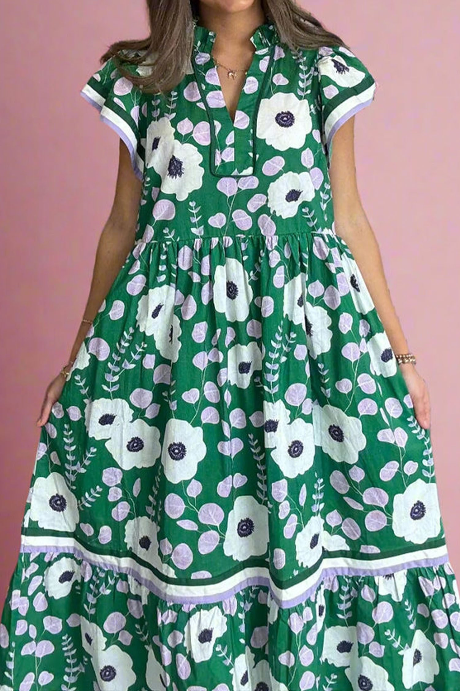 Green V Neck Ruffled Short Sleeve Flower Maxi Dress