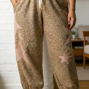 Khaki Plus Size Leopard Print Western Star Patched Jogger Pants