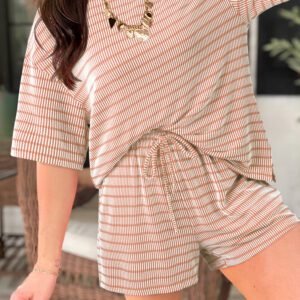Khaki Stripe Raised Rib Loose Tee Drawstring Elastic Waist 2pcs Short Set