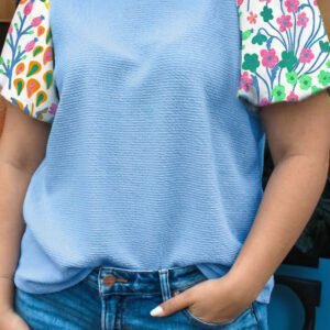 Light Blue Textured Bodice Contrast Floral Sleeve Plus Size Top