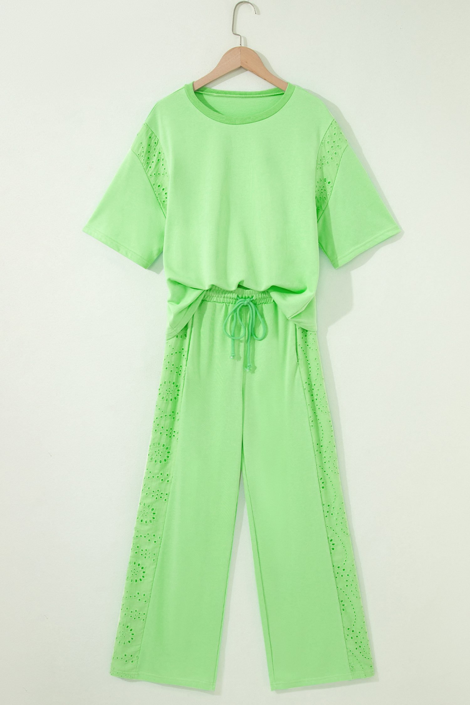 Light Green Lace Patchwork Half Sleeve Top Elastic Waist Pants Two Piece Set